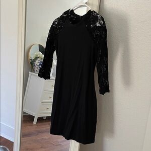 Express BodyCon Black Dress with Lace Sleeves